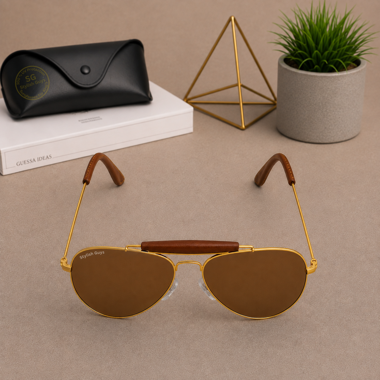 Sunglasses For Men With Brown Glass & Golden Frame 3422 Aviator Bridge Sunglass By Sunglasses Deal