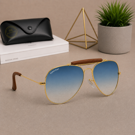 Sunglasses For Men With Blue Shade Glass & Golden Frame 3422 Aviator Bridge Sunglass By Sunglasses Deal