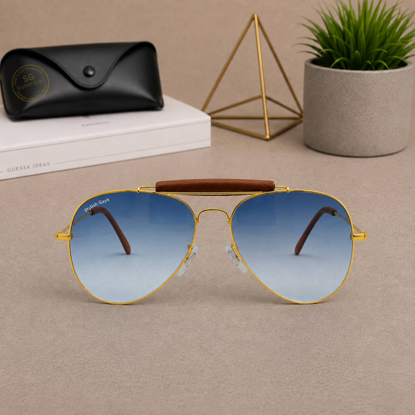 Sunglasses For Men With Blue Shade Glass & Golden Frame 3422 Aviator Bridge Sunglass By Sunglasses Deal