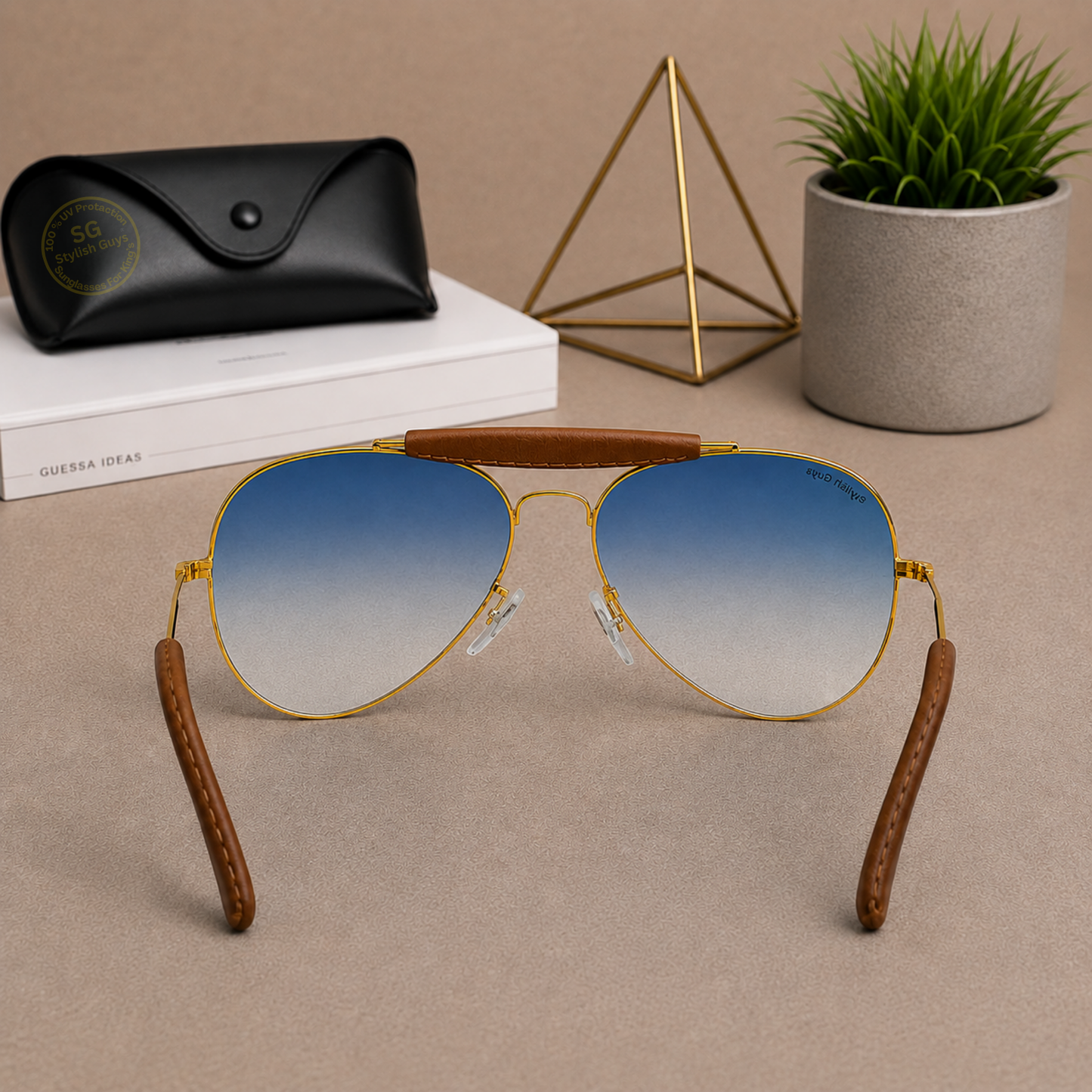 Sunglasses For Men With Blue Shade Glass & Golden Frame 3422 Aviator Bridge Sunglass By Sunglasses Deal