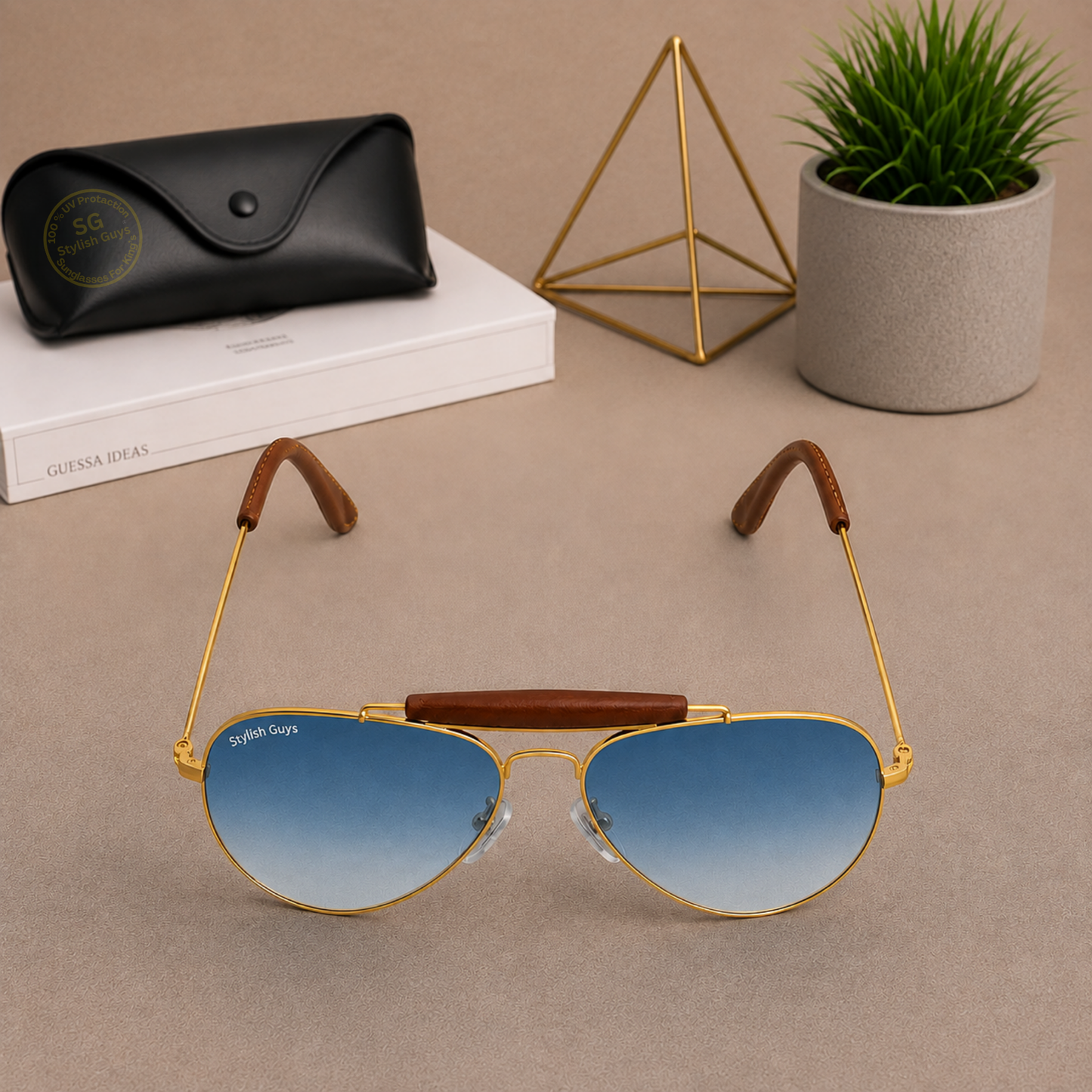 Sunglasses For Men With Blue Shade Glass & Golden Frame 3422 Aviator Bridge Sunglass By Sunglasses Deal