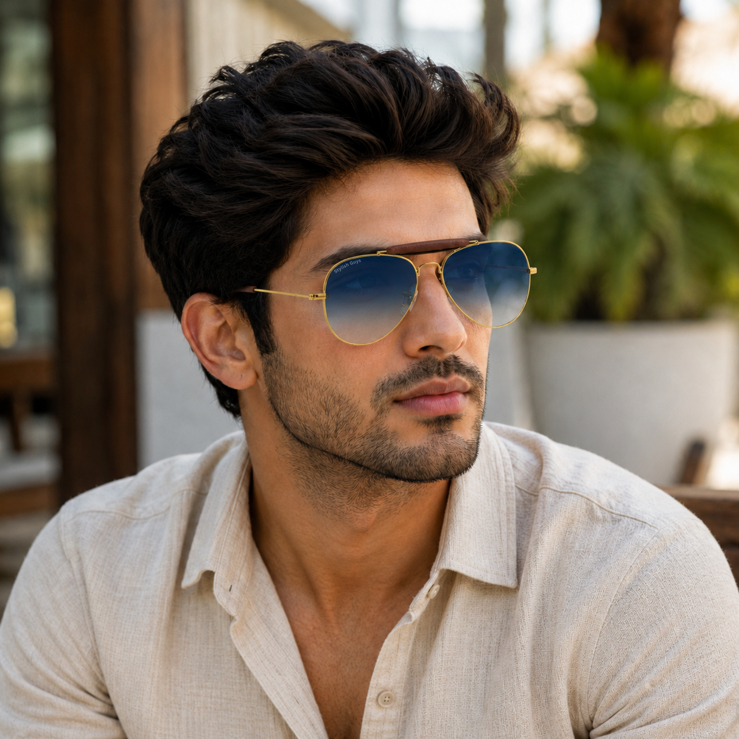 Sunglasses For Men With Blue Shade Glass & Golden Frame 3422 Aviator Bridge Sunglass By Sunglasses Deal
