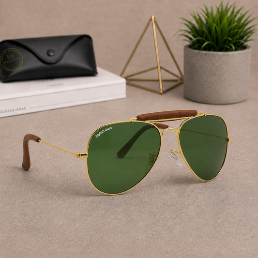 Sunglasses For Men With Green Glass & Golden Frame 3422 Aviator Bridge Sunglass By Sunglasses Deal