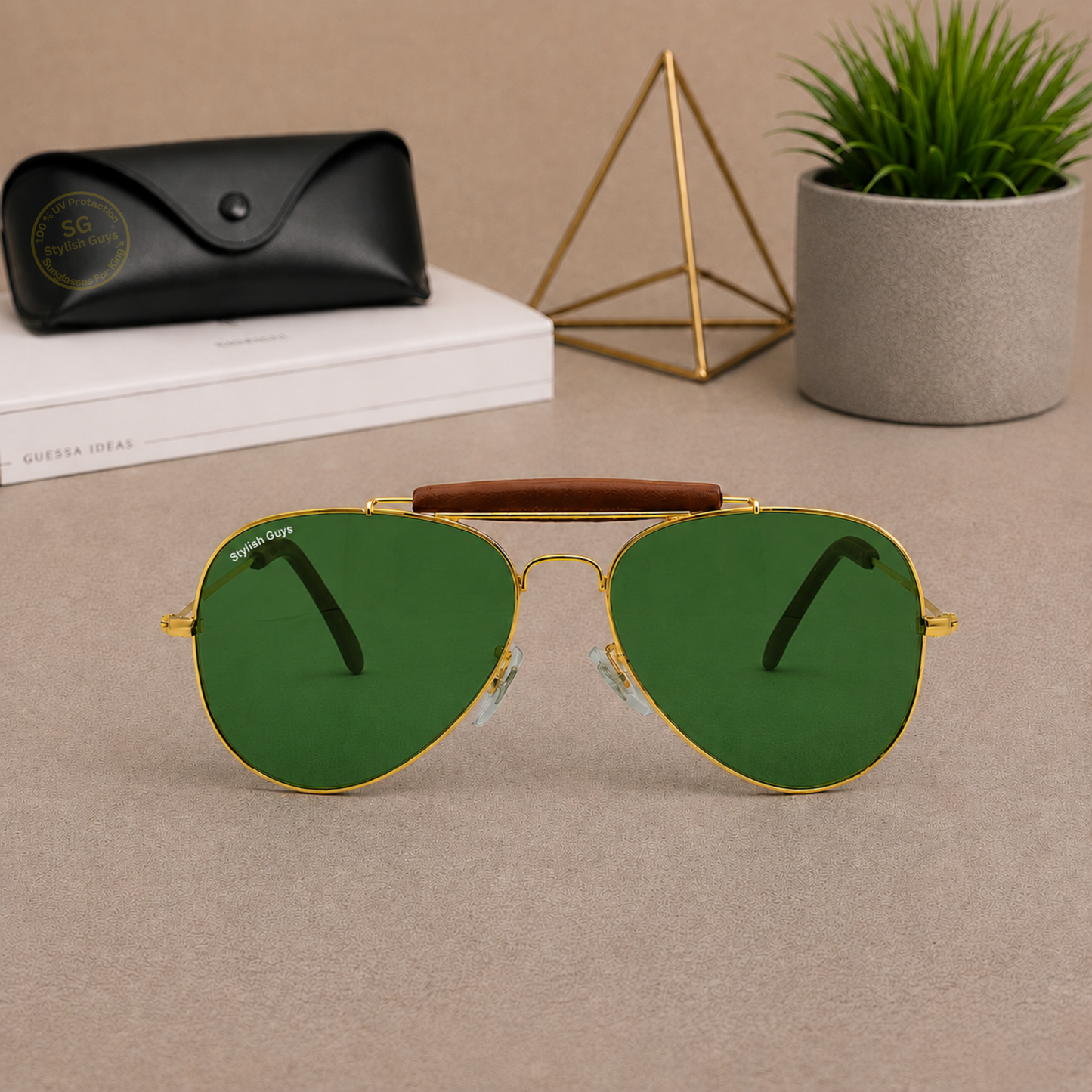 Sunglasses For Men With Green Glass & Golden Frame 3422 Aviator Bridge Sunglass By Sunglasses Deal
