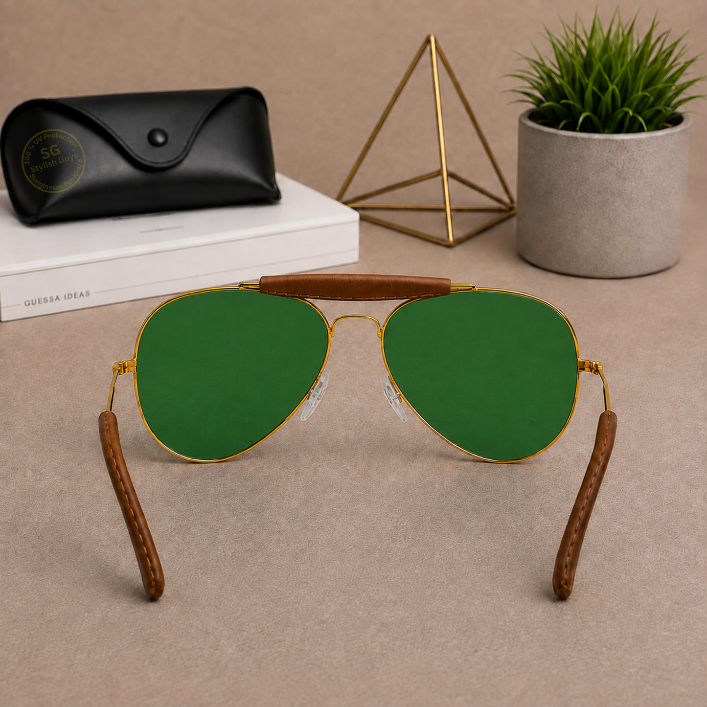 Sunglasses For Men With Green Glass & Golden Frame 3422 Aviator Bridge Sunglass By Sunglasses Deal