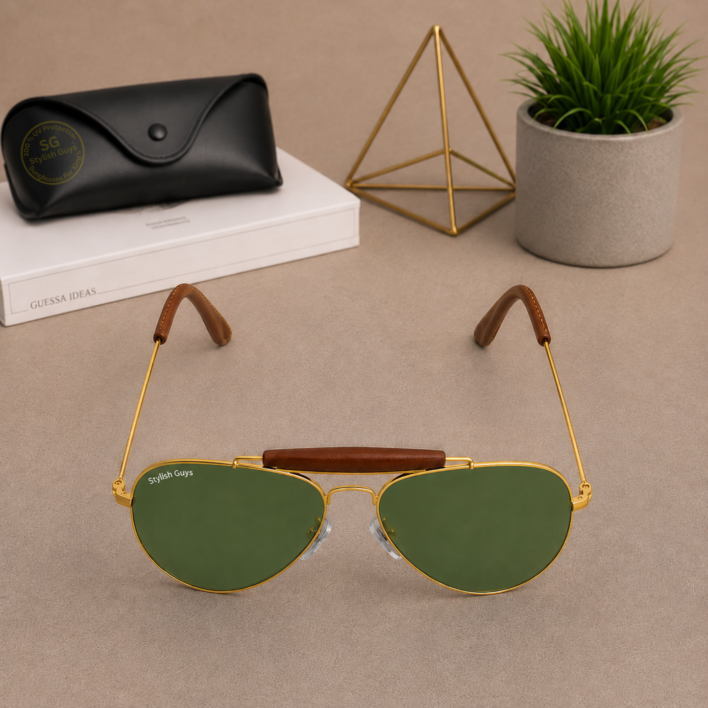 Sunglasses For Men With Green Glass & Golden Frame 3422 Aviator Bridge Sunglass By Sunglasses Deal