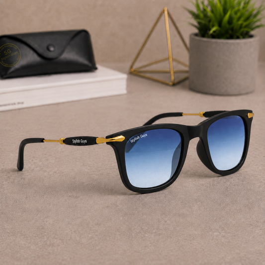 Sunglasses For Men With Blue Shade Glass & Golden Frame 2148 Square Sunglass By Sunglasses Deal