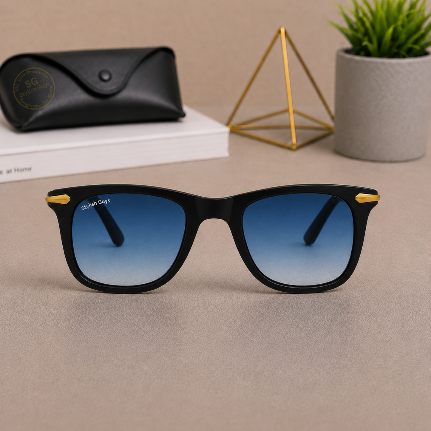 Sunglasses For Men With Blue Shade Glass & Golden Frame 2148 Square Sunglass By Sunglasses Deal