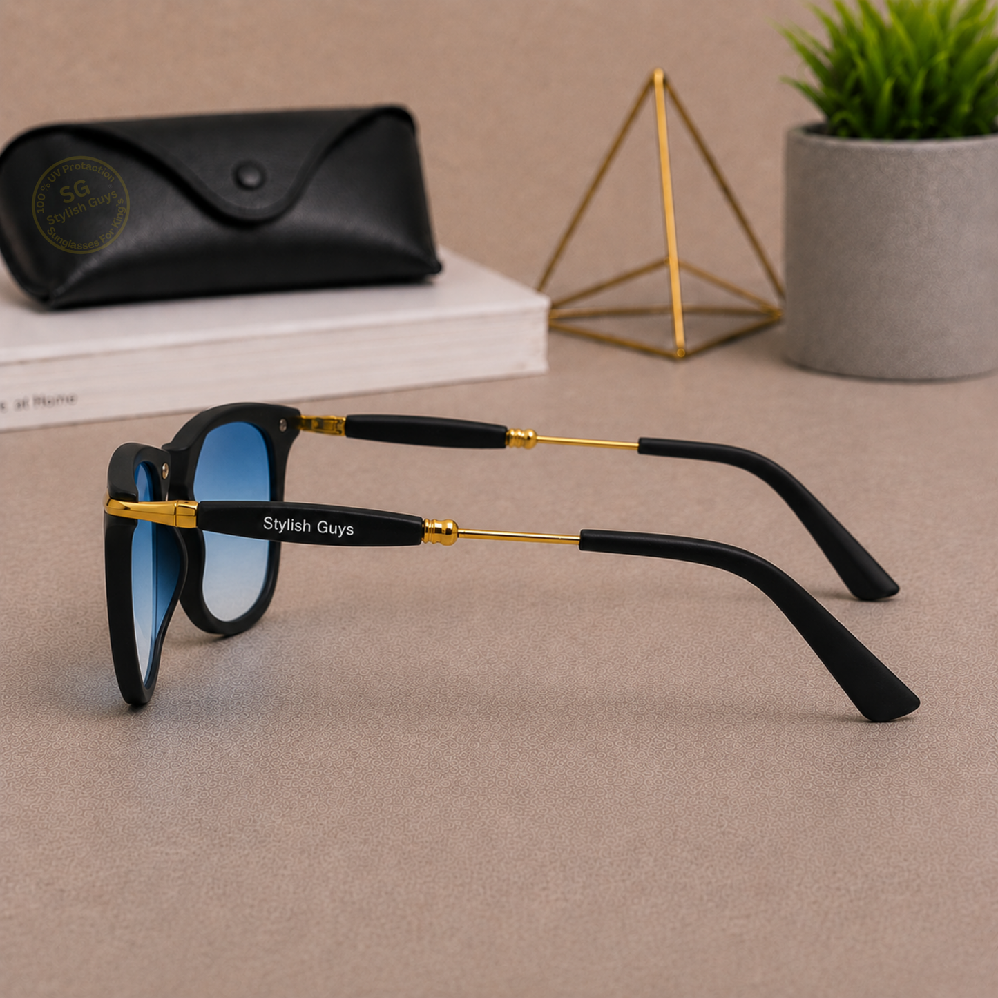 Sunglasses For Men With Blue Shade Glass & Golden Frame 2148 Square Sunglass By Sunglasses Deal