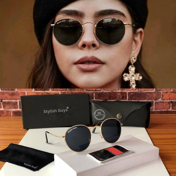 Top Trendy Hot New Stylish Attractive Round Black & Gold 3447 Evergreen UV Protected Sunglasses For King's Men & Women ( SG- 3447 )
