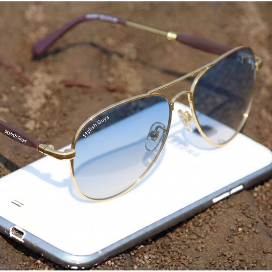 Sunglasses For Men With Blue Shade Glass & Golden Frame 3517 Aviator Oval Sunglass By Sunglasses Deal