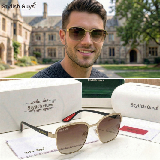Sunglasses For Men With Brown Shade Glass & Golden Frame 07 Square Polarized Sunglass By Sunglasses Deal