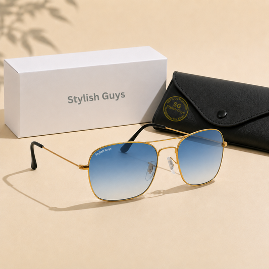 Sunglasses For Men With Blue Shade Glass & Golden Frame 3136 Square Sunglass By Sunglasses Deal