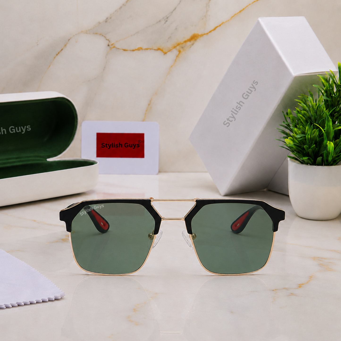 Sunglasses For Men With Green Glass & Golden Frame 04 Square Polarized Sunglass By Sunglasses Deal