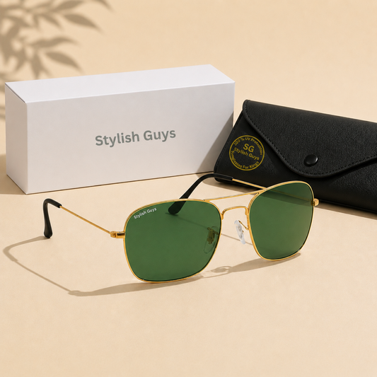 Sunglasses For Men With Green Glass & Golden Frame 3136 Square Sunglass By Sunglasses Deal