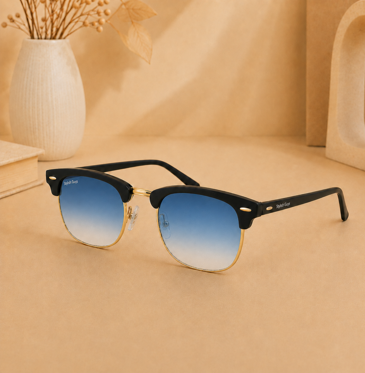 Sunglasses For Men With Blue Shade Glass & Golden Frame 3016 Club Master Sunglass By Sunglasses Deal