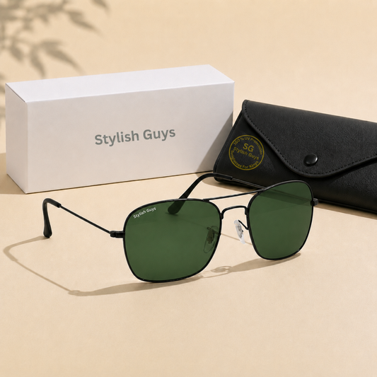Sunglasses For Men With Green Glass & Black Frame 3136 Square Sunglass By Sunglasses Deal