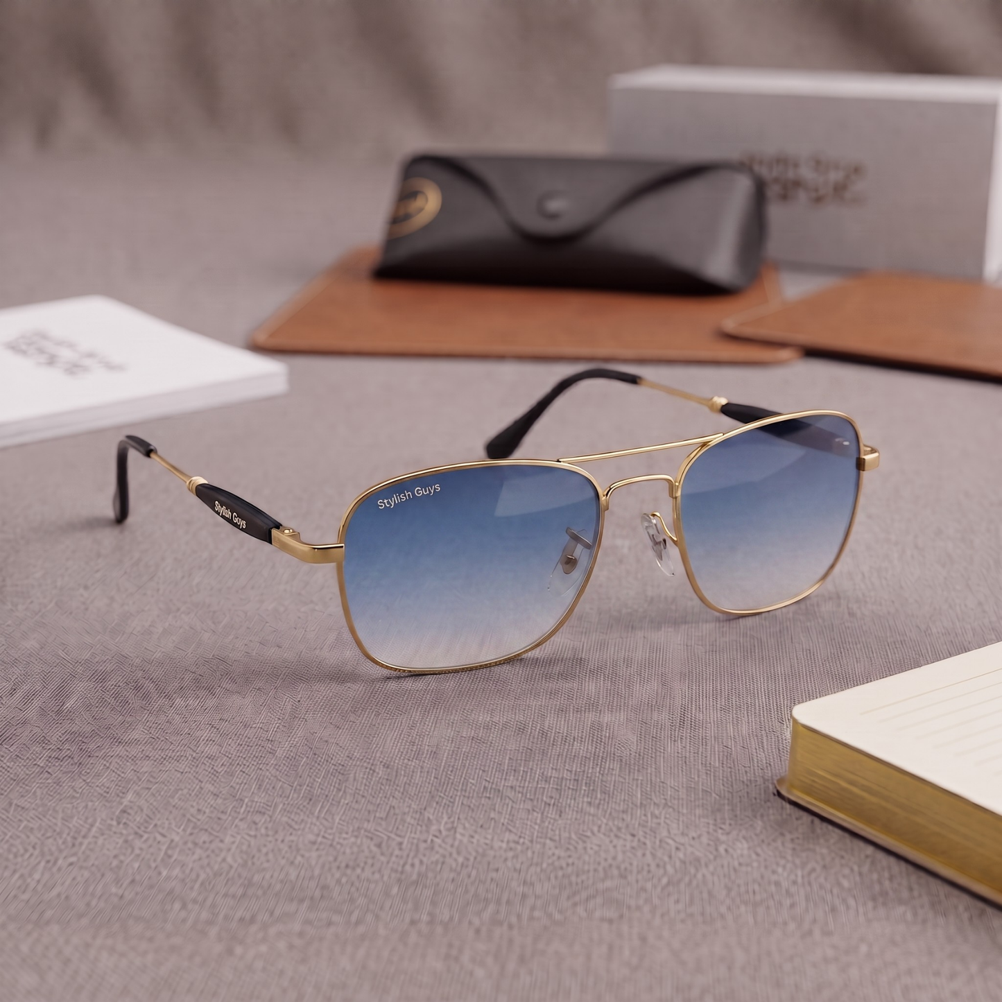 Sunglasses For Men With Blue Shade Glass & Golden Frame 1208 Square Sunglass By Sunglasses Deal