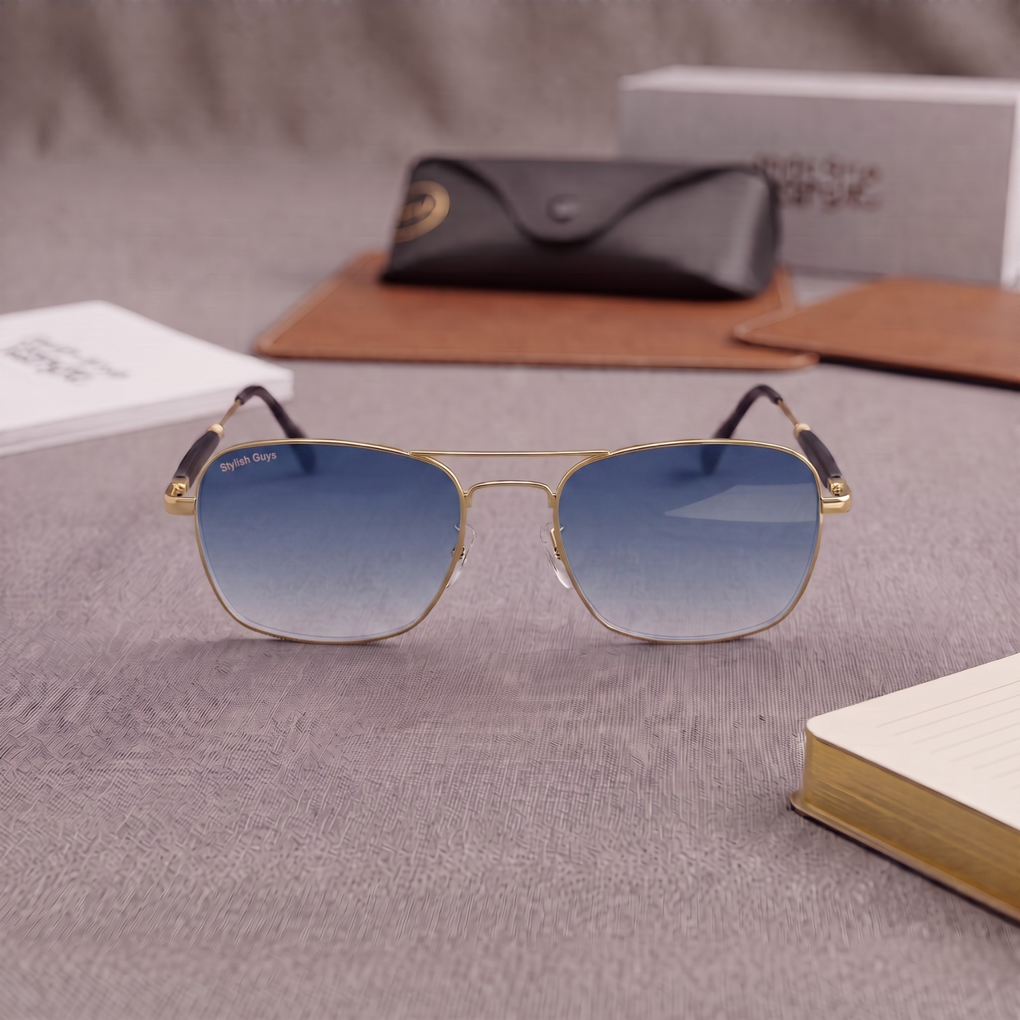 Sunglasses For Men With Blue Shade Glass & Golden Frame 1208 Square Sunglass By Sunglasses Deal