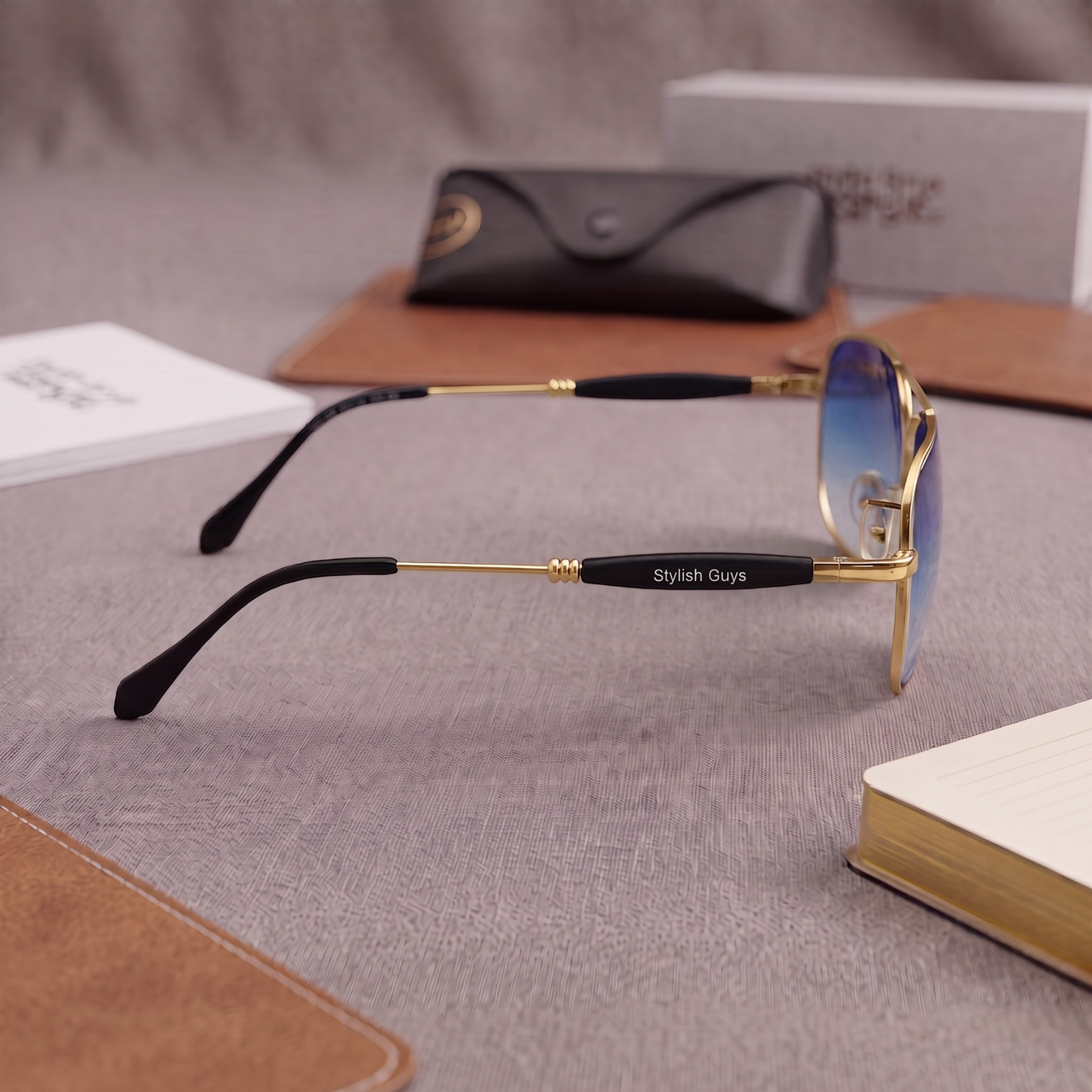 Sunglasses For Men With Blue Shade Glass & Golden Frame 1208 Square Sunglass By Sunglasses Deal