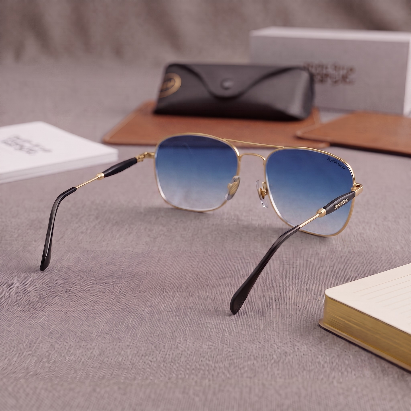 Sunglasses For Men With Blue Shade Glass & Golden Frame 1208 Square Sunglass By Sunglasses Deal