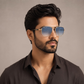 Sunglasses For Men With Blue Shade Glass & Golden Frame 1208 Square Sunglass By Sunglasses Deal