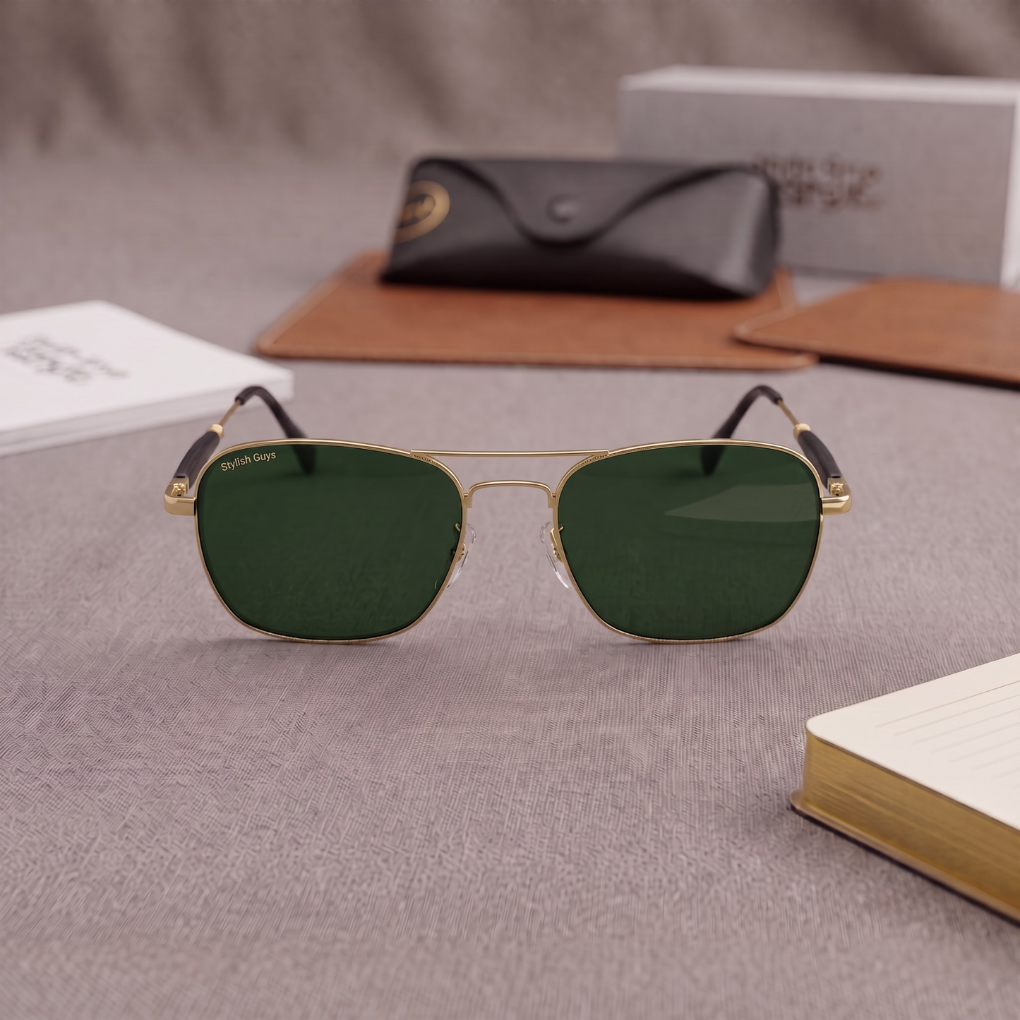 Sunglasses For Men With Green Glass & Golden Frame 1208 Square Sunglass By Sunglasses Deal