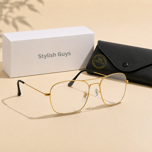 Sunglasses For Men With Clear Glass & Golden Frame 3136 Square Sunglass By Sunglasses Deal