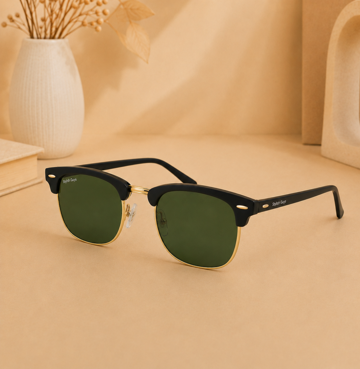 Sunglasses For Men With Green Glass & Golden Frame 3016 Club Master Sunglass By Sunglasses Deal