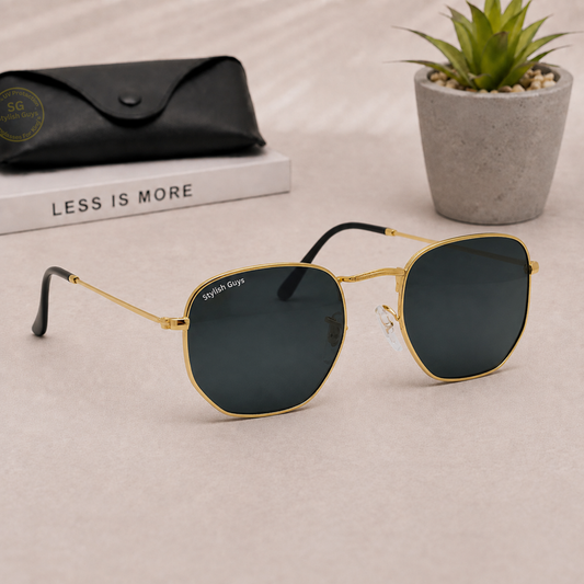 Sunglasses For Men With Black Glass & Golden Frame 3548 Hexagon Sunglass By Sunglasses Deal