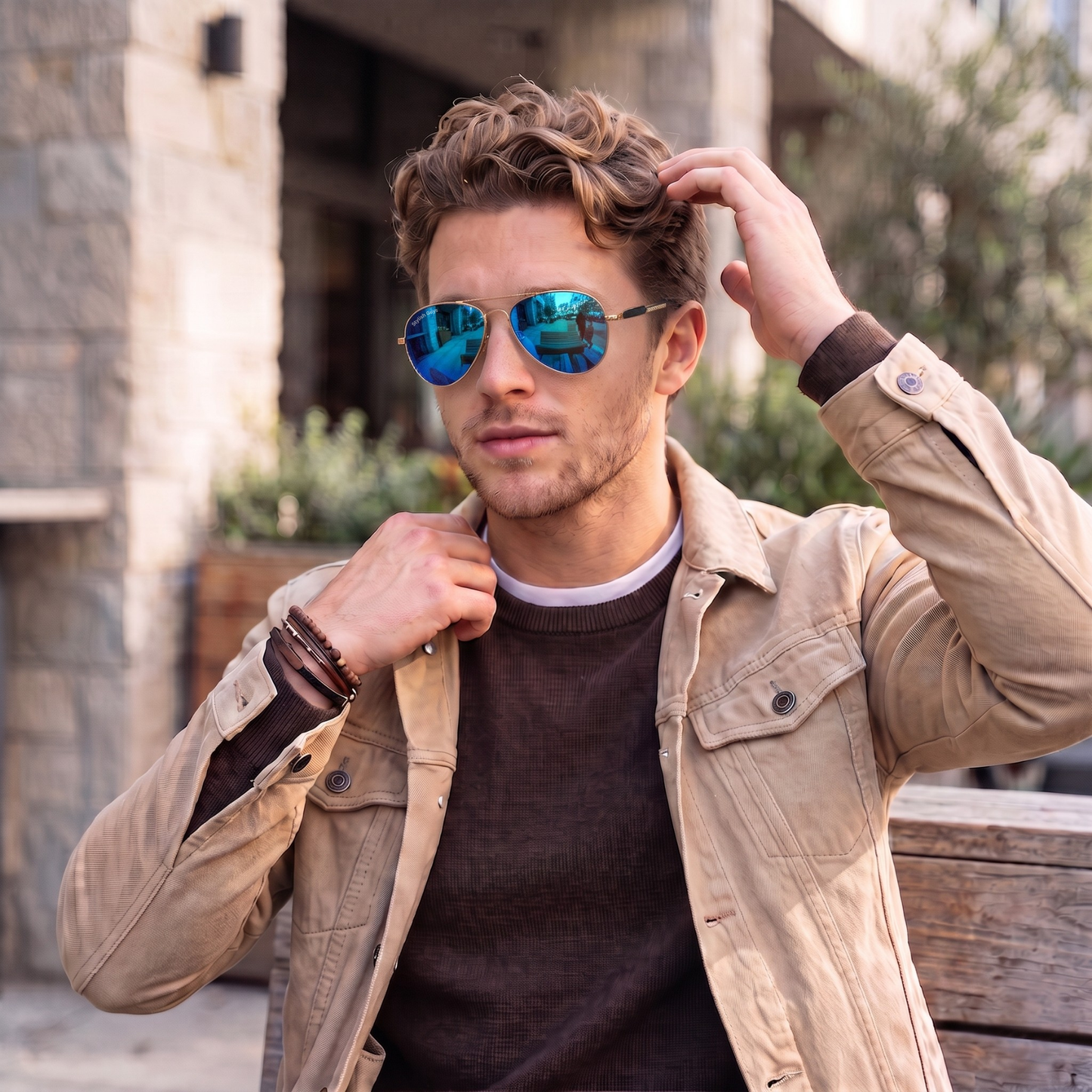 Sunglasses For Men With Aqua Blue Mercury Glass & Golden Frame 3517 Aviator Oval Sunglass By Sunglasses Deal