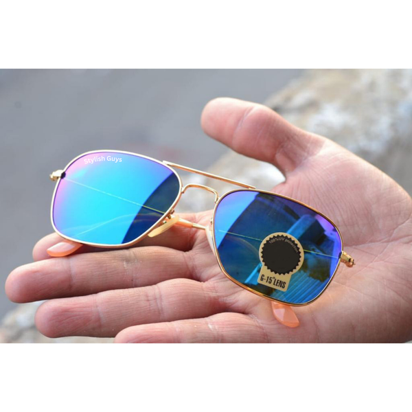Top Trendy Hot New Stylish Attractive Square Ocean Blue & Gold 3136 Evergreen UV Protected Sunglasses For King's Men & Women ( SG- 3136 )