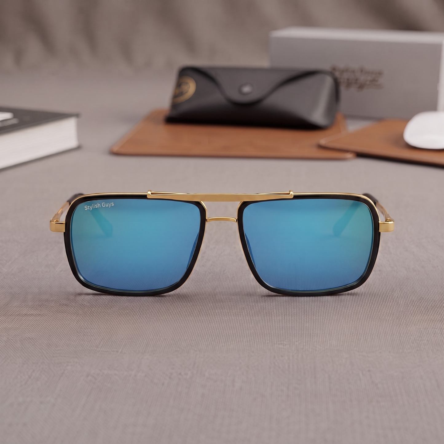 Sunglasses For Men With Aqua Blue Mercury Glass & Golden Frame 4413 Square Sunglass By Sunglasses Deal
